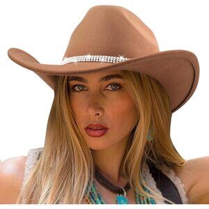 Women's Camel Western with Braided Band Buckle Classic Fedora Cowboy Felt Hat